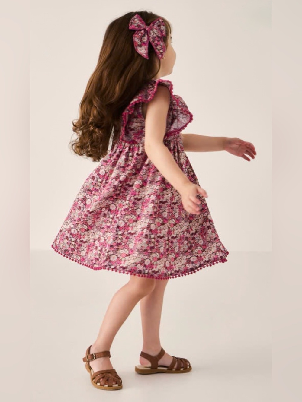 Jamie Kay Girls 2Y Organic Cotton Floral Ruffle Dress Pink Purple Pom Trim